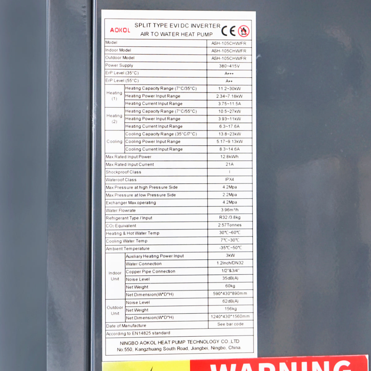 30 KW heat pump, 380V, ASH-105CHW/FR air-water Aokol