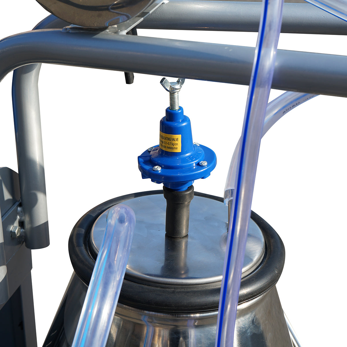 Single post milking machine for cows 550W, 220V stainless steel tank 25L, milking group with 2 liners, vacuum pressure 45-50 kPa, pulsations 60-80 cpm