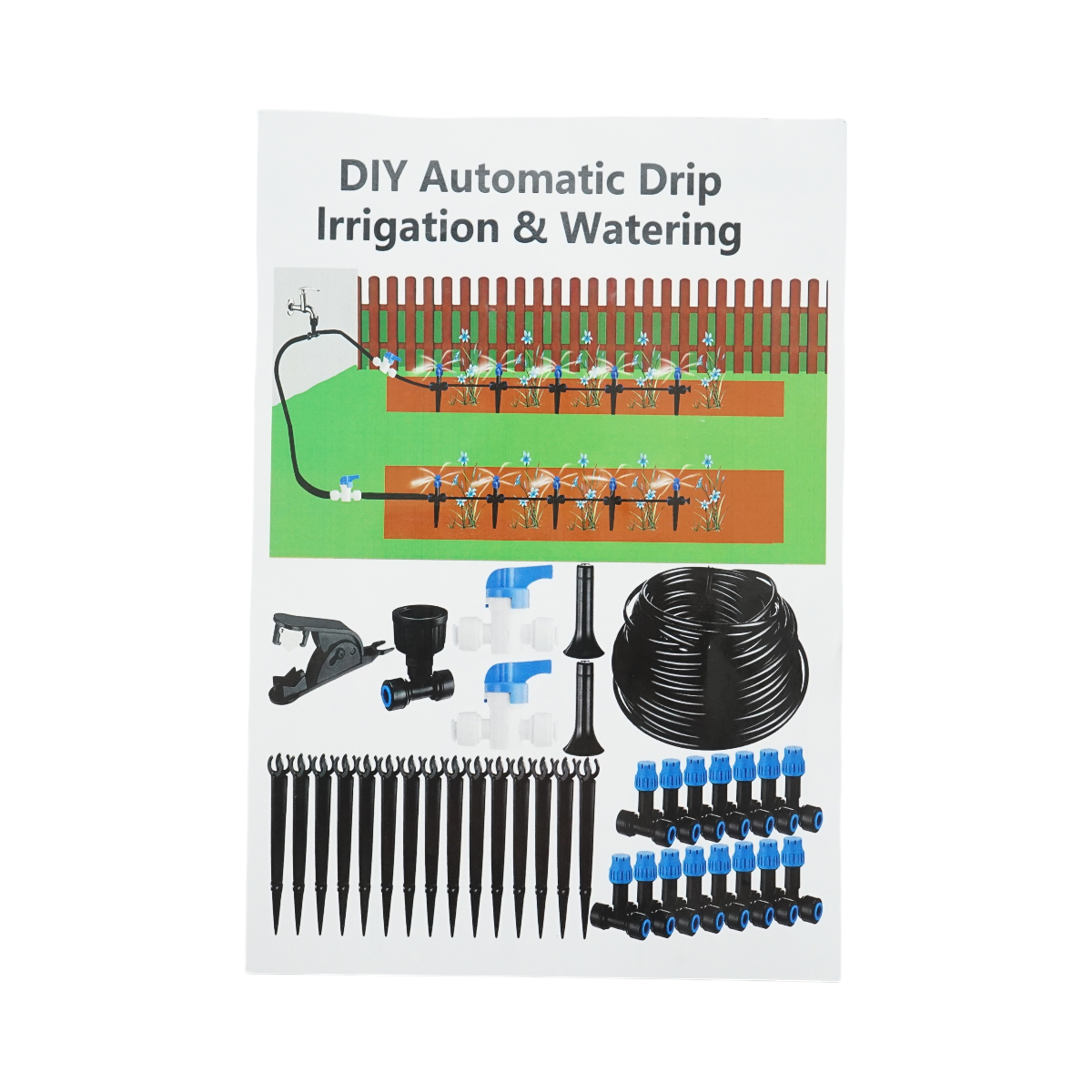 Complete drip irrigation kit with 19m hose, nozzles, taps, fixing rods, 37 pieces