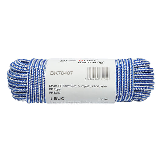 8mm x 25m braided PP rope, white/blue Breckner Germany