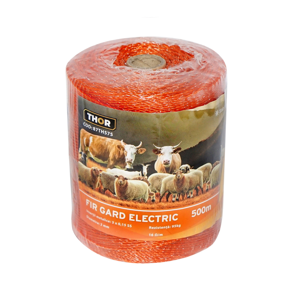 Roll of orange wire with 2mm metal insert 3x0.15mm SS, resistance 16Ohm/m, 500m electric fence Thor