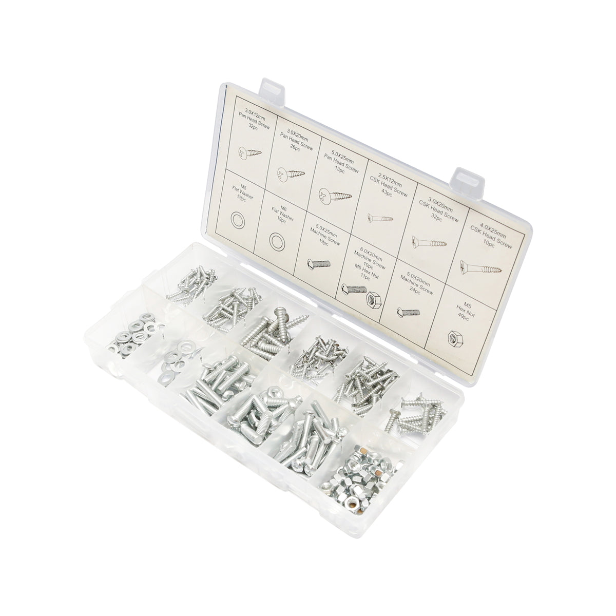 Wood and sheet metal screwdriver set, screws with cross head, nuts and flat washers, 347 pieces