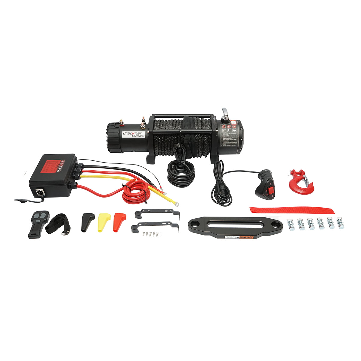 12V electric winch with remote control, 6.5 hp, 6.1T (13500lbs) synthetic cable 9x24m solenoid 400A Breckner Germany