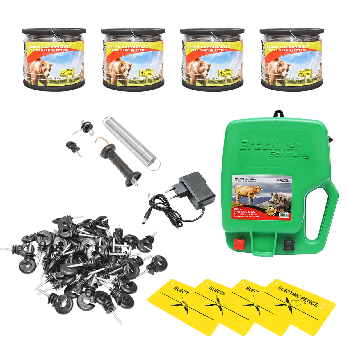 Complete electric fence kit 220V 4.5 Joule, 2000m wire, 100 insulators, gate kit, 4 warning signs Breckner Germany