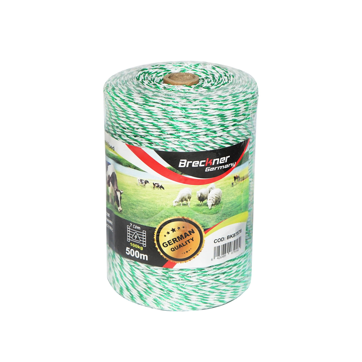 White-green wire roll 2.5mm with metal insert 4x0.2mm SS, resistance 7 Ohm/m, 500m electric fence Breckner Germany