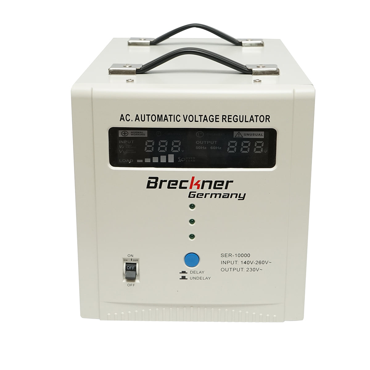 Single-phase automatic voltage stabilizer with relay 10000VA/140-260V, 2 Schuko sockets 230V, LCD display Breckner Germany