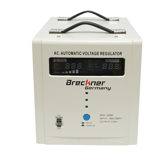 Single-phase automatic voltage stabilizer with relay 10000VA/140-260V, 2 Schuko sockets 230V, LCD display Breckner Germany