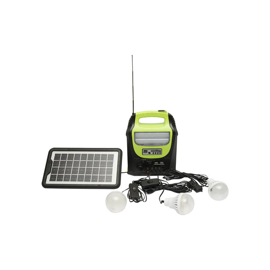 Portable LED lighting kit with 3 bulbs/projector, FM radio, solar panel, and 6V, 4.5Ah battery for fishing camping GD-8071