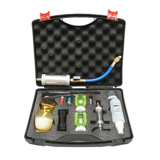 Air conditioning installation verification kit with contrast solution and UV lamp