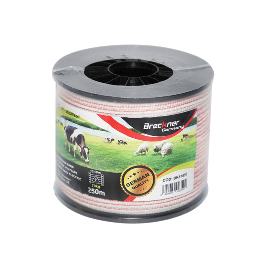 Red-white band roll 10mm, 4x0.16mm SS, 13Ohm/m 250m electric fence Breckner Germany