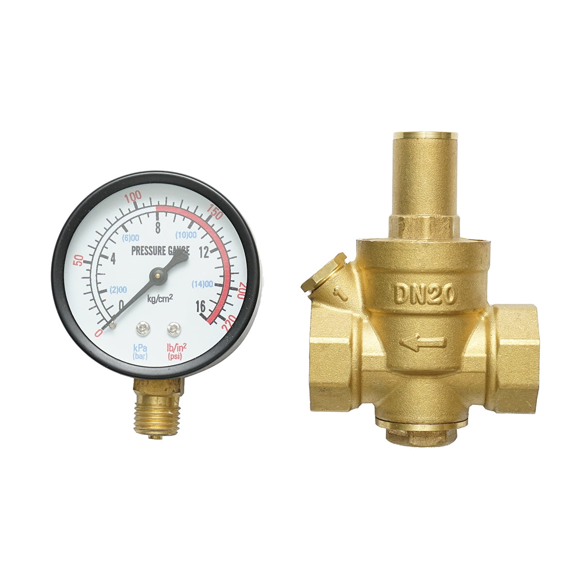 Water pressure reducing regulator 3/4-3/4, adjustable with a filter screen and pressure gauge DN20 for residential solar installations.