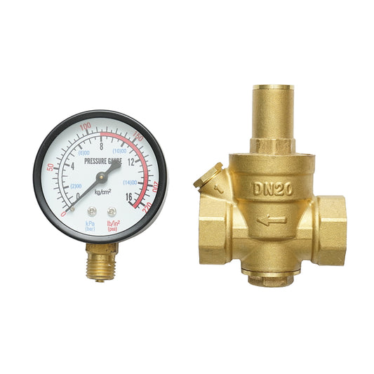 Water pressure reducing regulator 3/4-3/4, adjustable with a filter screen and pressure gauge DN20 for residential solar installations.