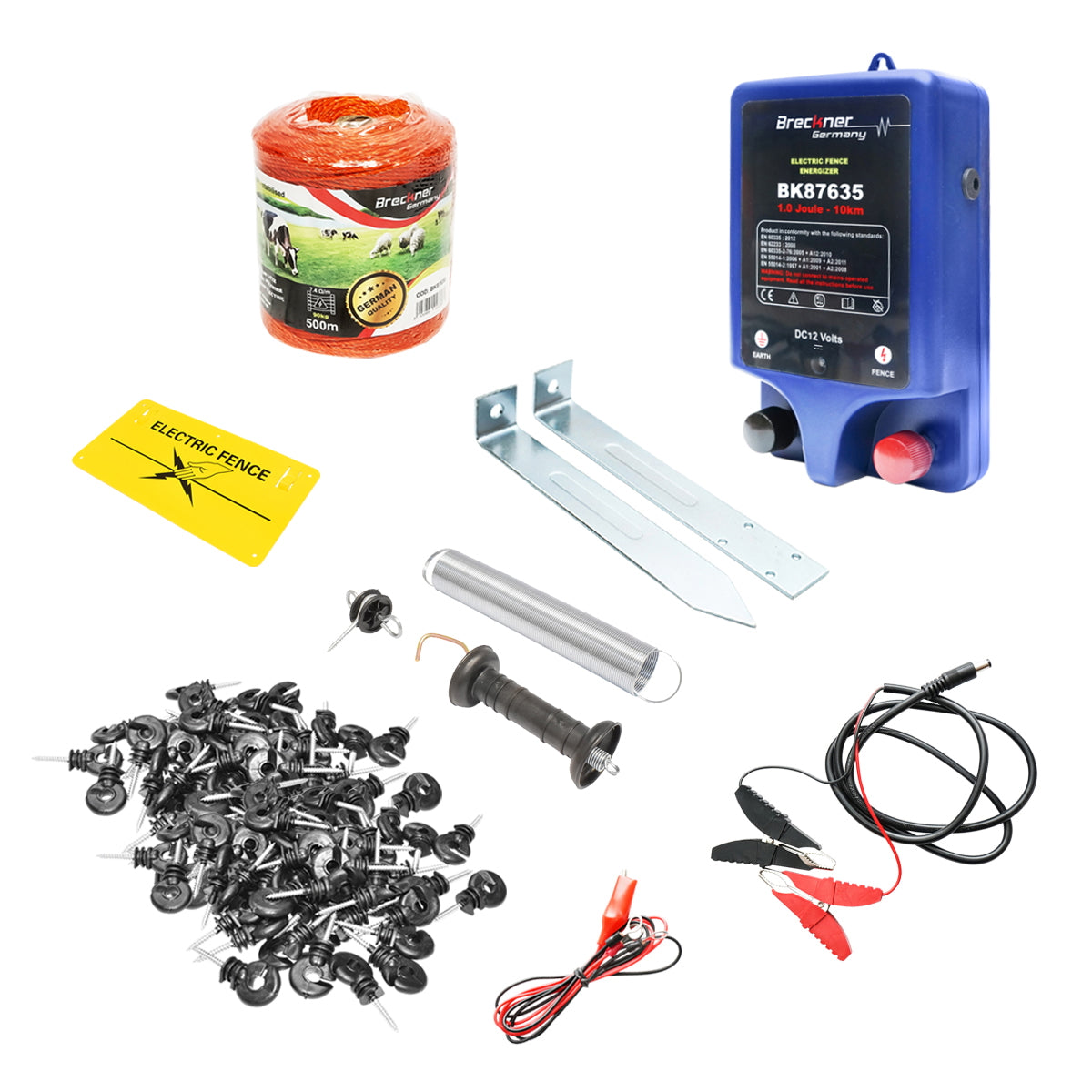 Complete kit for electric fence 12V, 1 Joule, wire length 500m, 100 insulators, 2 gate handles, warning sign Breckner Germany
