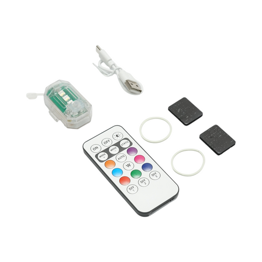 RGB strobe LED lamp with remote control, 10 modes, 8 colors, 150mAh lithium rechargeable USB-C battery IP65