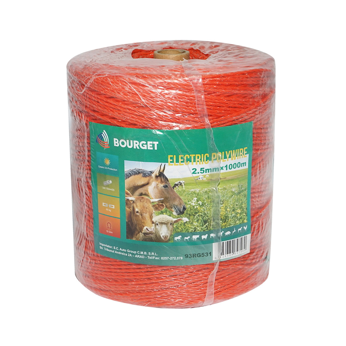 Orange wire roll 2.5mm 3x0.15mm SS, 1000m electric fence, resistance 15 Ohm Bourget