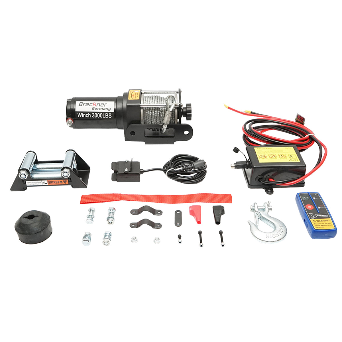 12V electric winch with remote control, 1.6T (3000lbs) steel cable 5x11m, 100A solenoid Breckner Germany