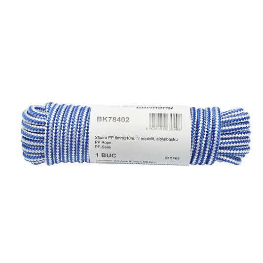 8mm x 10m braided PP rope, white/blue Breckner Germany