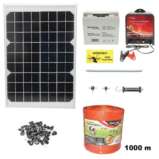 Complete electric fence kit 12V 14 Joules with 20W solar panel, 1000m wire length, 100 insulators, gate kit, and battery 1x12V/17Ah Breckner Germany