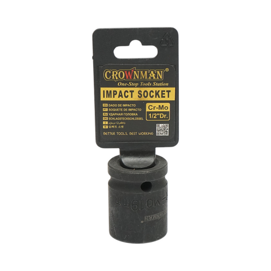 19mm impact socket, 1/2 inch square, Cr-Mo material, DIN 3121 standard, industrial Crownman