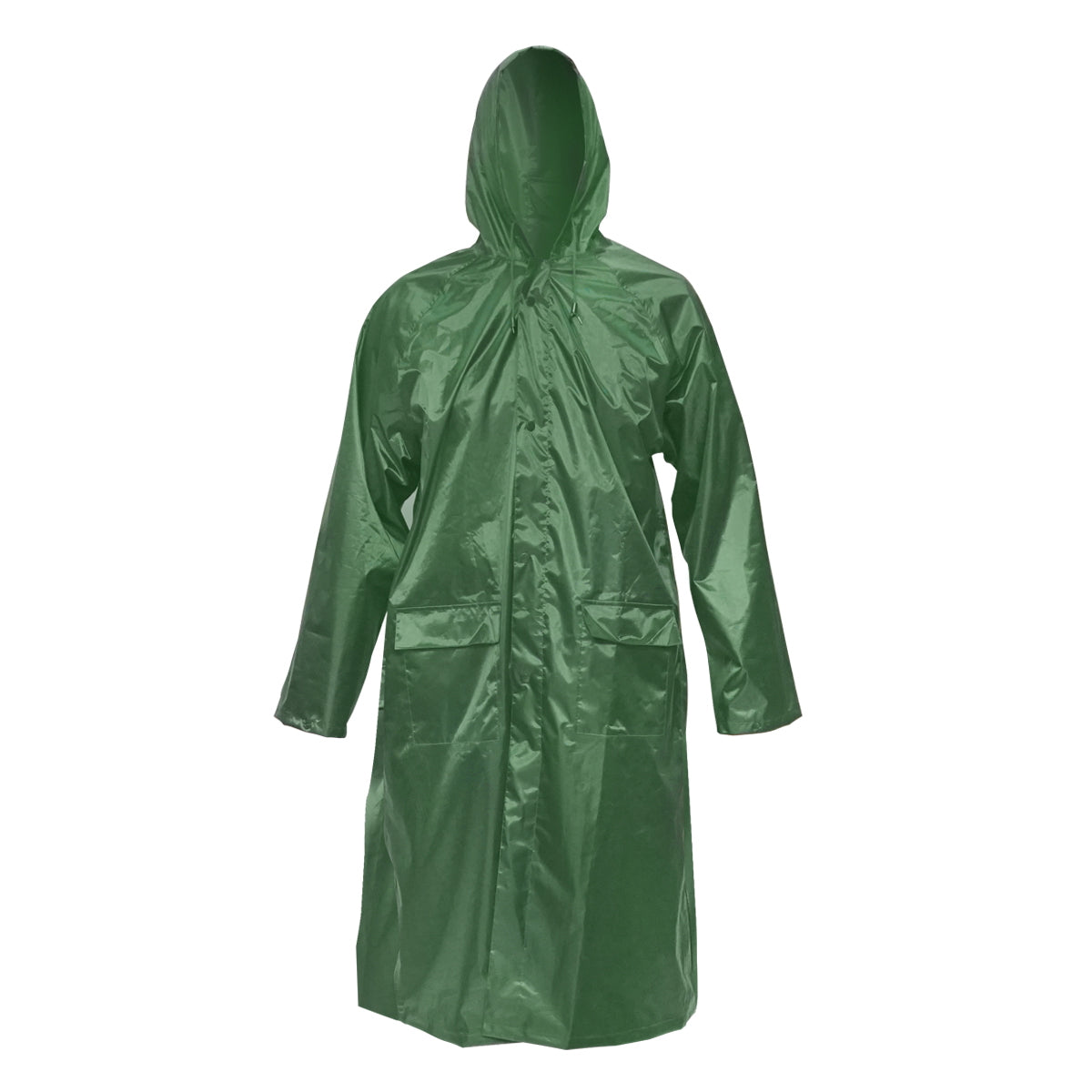 XXL waterproof hooded poncho made of polyester with PVC membrane, ventilation slits, 2 pockets, and green zipper from Breckner Germany.