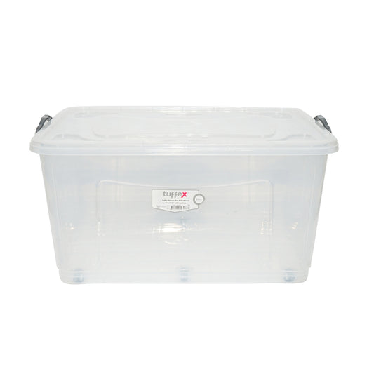 80L storage box with lid and wheels made of transparent plastic 725x470x360mm