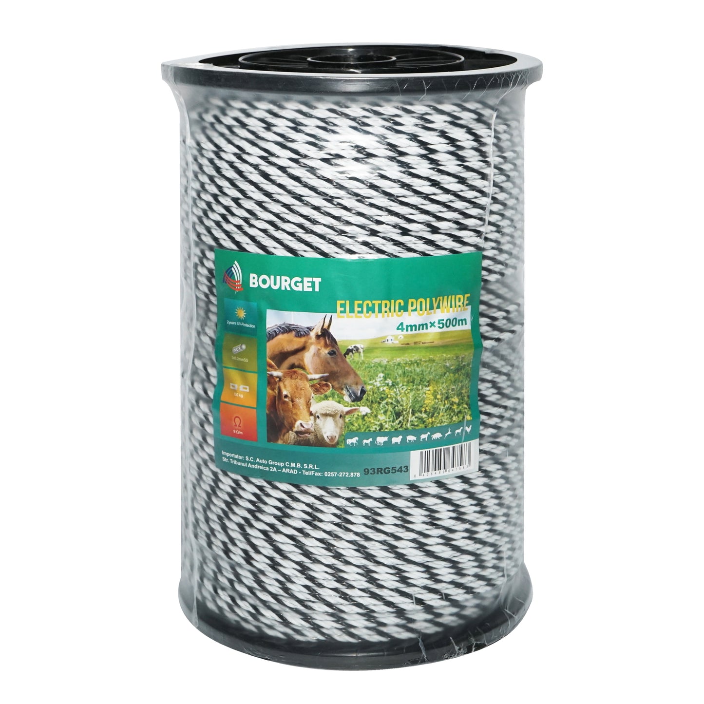 Coil of black-and-white wire 4mm 3x0.2mm SS, 500m electric fence, resistance 9 Ohm Bourget