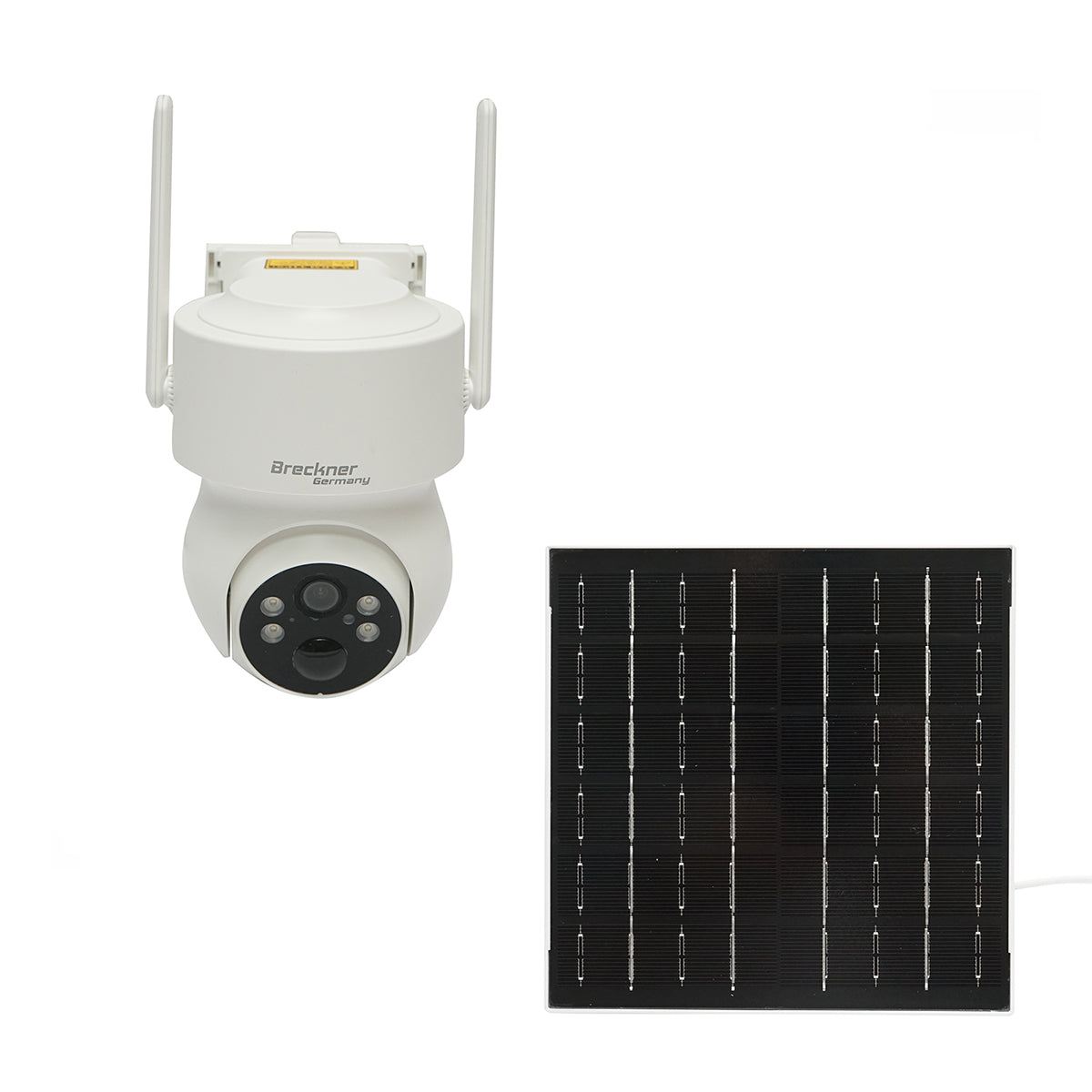 4 MP surveillance camera with 5W solar panel, fast charging 18650 battery, 2.4 GHz WIFI, 360-degree rotating PTZ with motion sensor, human detection PIR, alarm, night vision, and iCSee app.