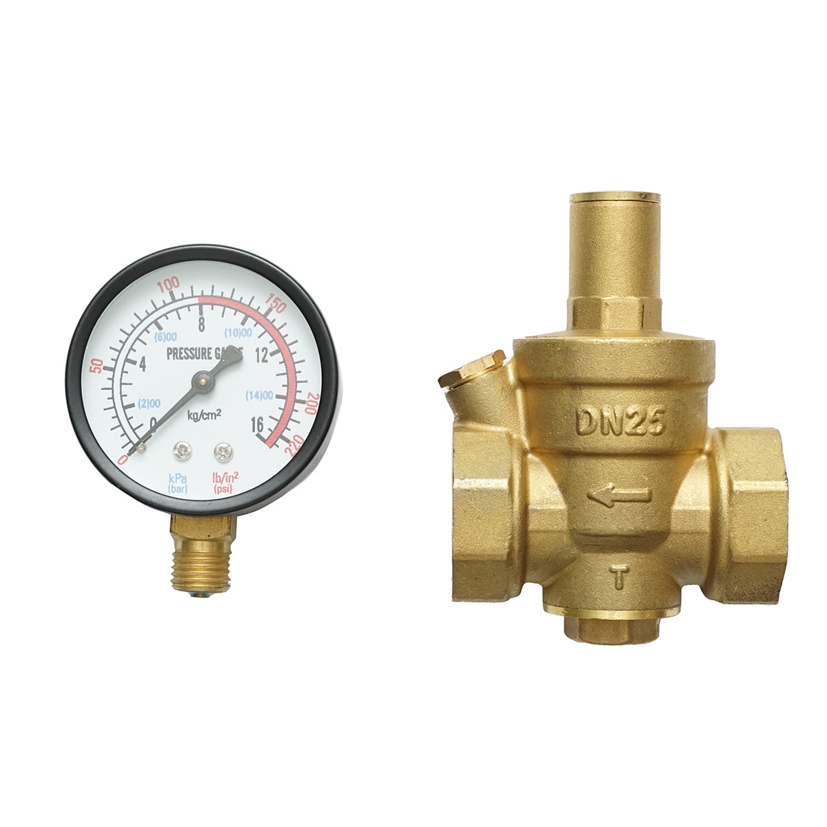 Water pressure reducer 1-1 tol, adjustable with filter mesh and pressure gauge DN25 for residential solar installations.