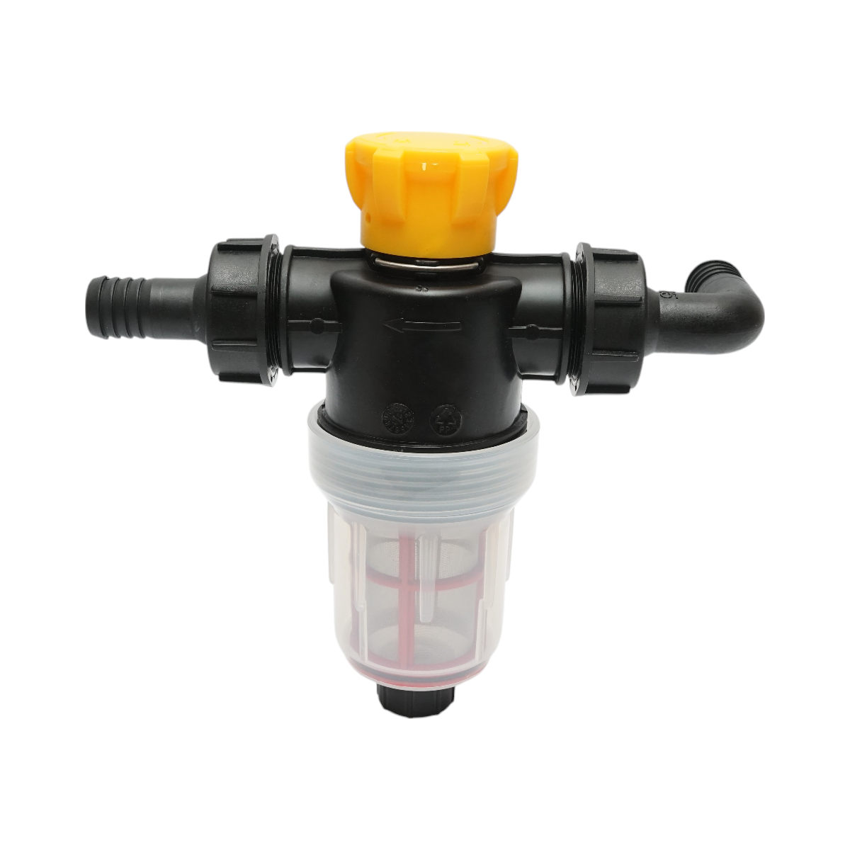 Transparent herbicide filter with mesh and self-cleaning valve, 25mm connection