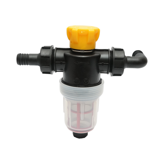 Transparent herbicide filter with mesh and self-cleaning valve, 25mm connection