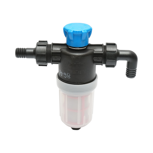 Transparent herbicide filter with 2 sieves and self-cleaning valve, 25mm connection