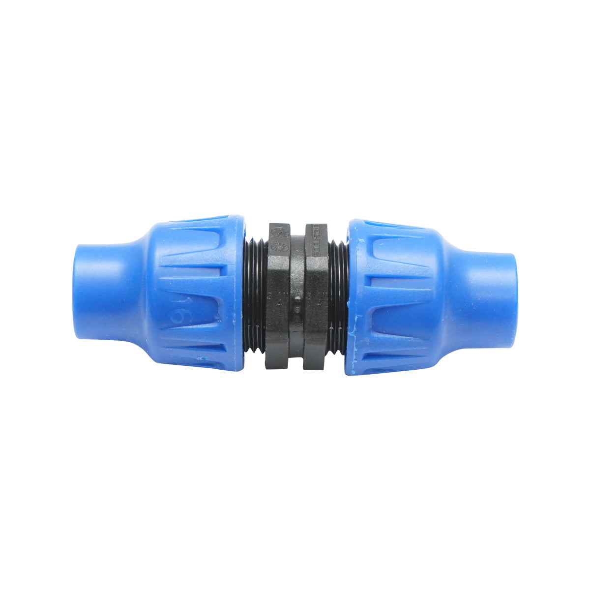 Equal D16x16mm drip tubing connector for irrigation systems.