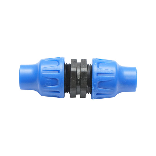 Equal D16x16mm drip tubing connector for irrigation systems.