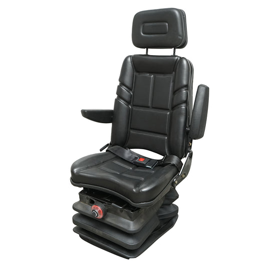 Universal seat with safety belt, headrest, and armrests for agricultural or industrial machinery