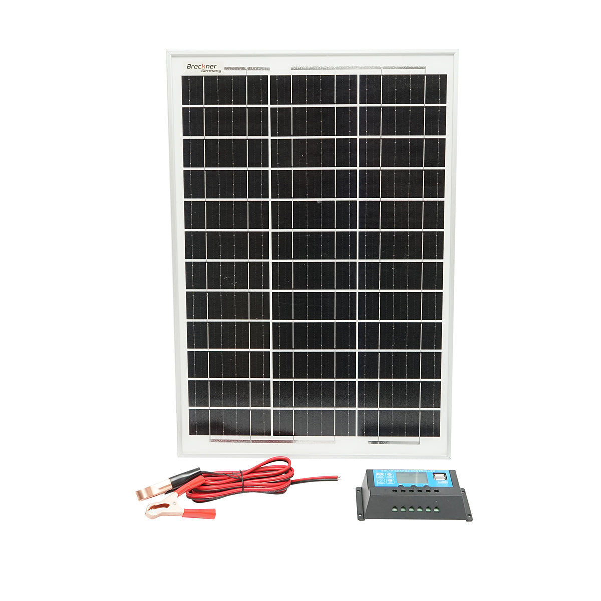 30W/18V photovoltaic monocrystalline solar panel 560x345x25mm with 12/24V 20A charge controller, cable 1.5/2m Breckner Germany
