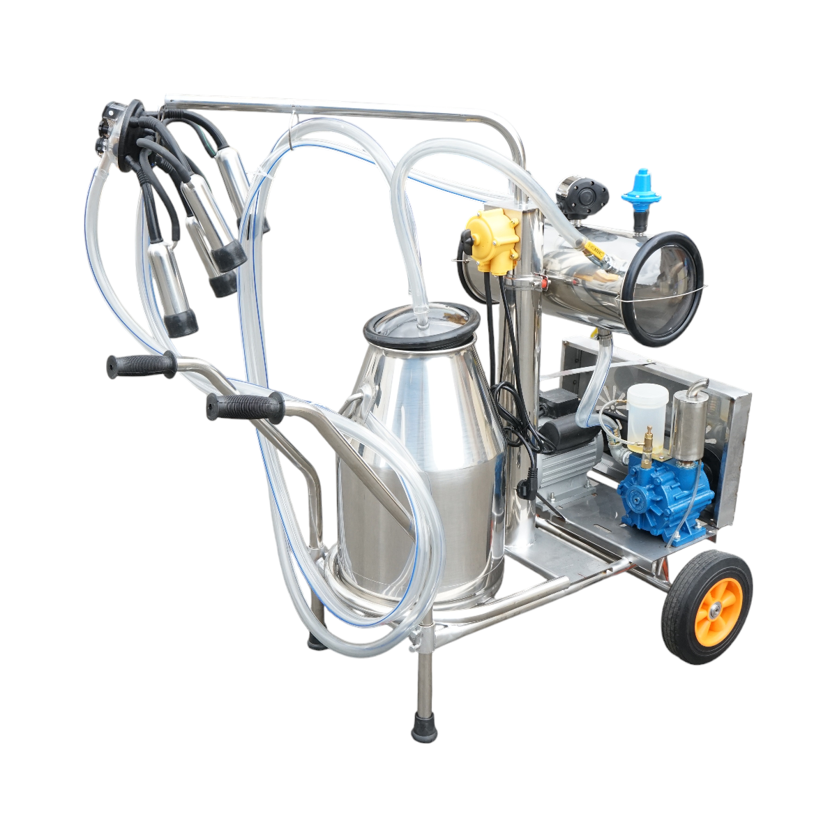 Single post milking machine 750W, 220V stainless steel 25L tank, milking group with 4 teats, vacuum pressure 40-50 kPa, pulsations 60-80 cpm