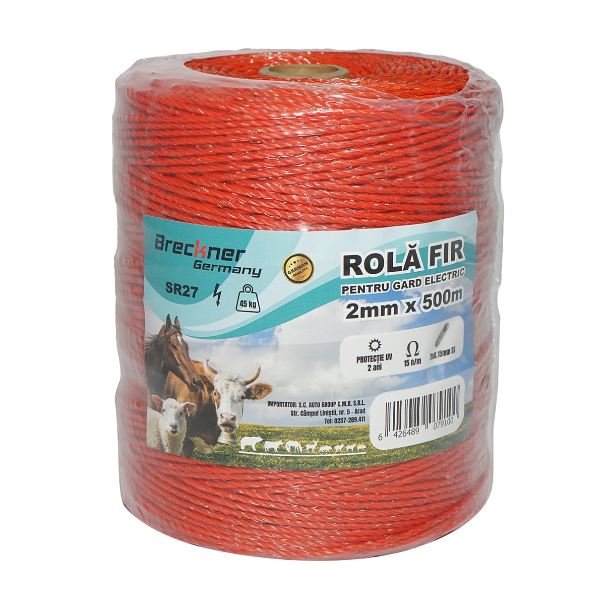 Orange wire roll, 2mm, 3x0.15mm stainless steel, 15 Ohm/m, 500m electric fence Breckner Germany