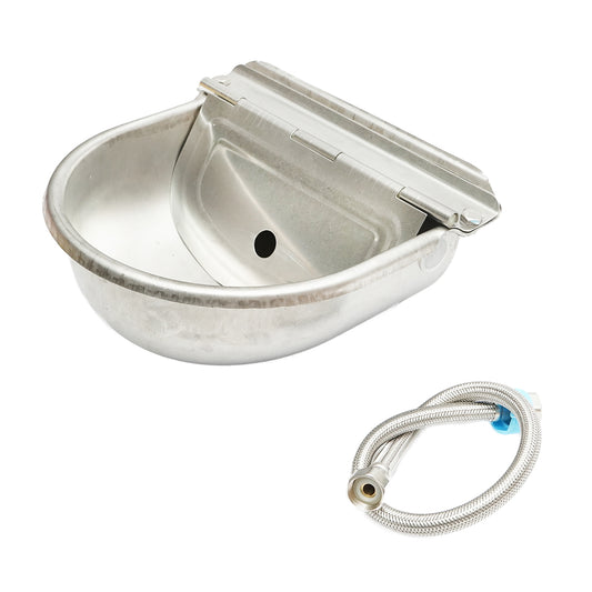 Stainless steel water trough for sheep with a constant level float, 2.5L 250x240x100mm and a 750mm hose with 1/2" thread, Breckner Germany.