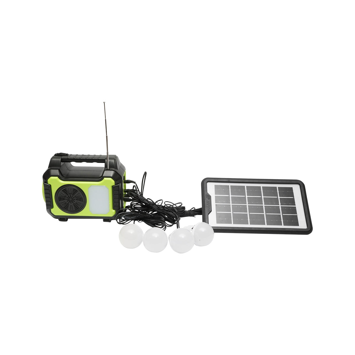 Portable LED lighting kit with 4 bulbs/projector, FM radio, solar panel, and 3.7V battery, 10000 mAH for fishing camping GD-8072