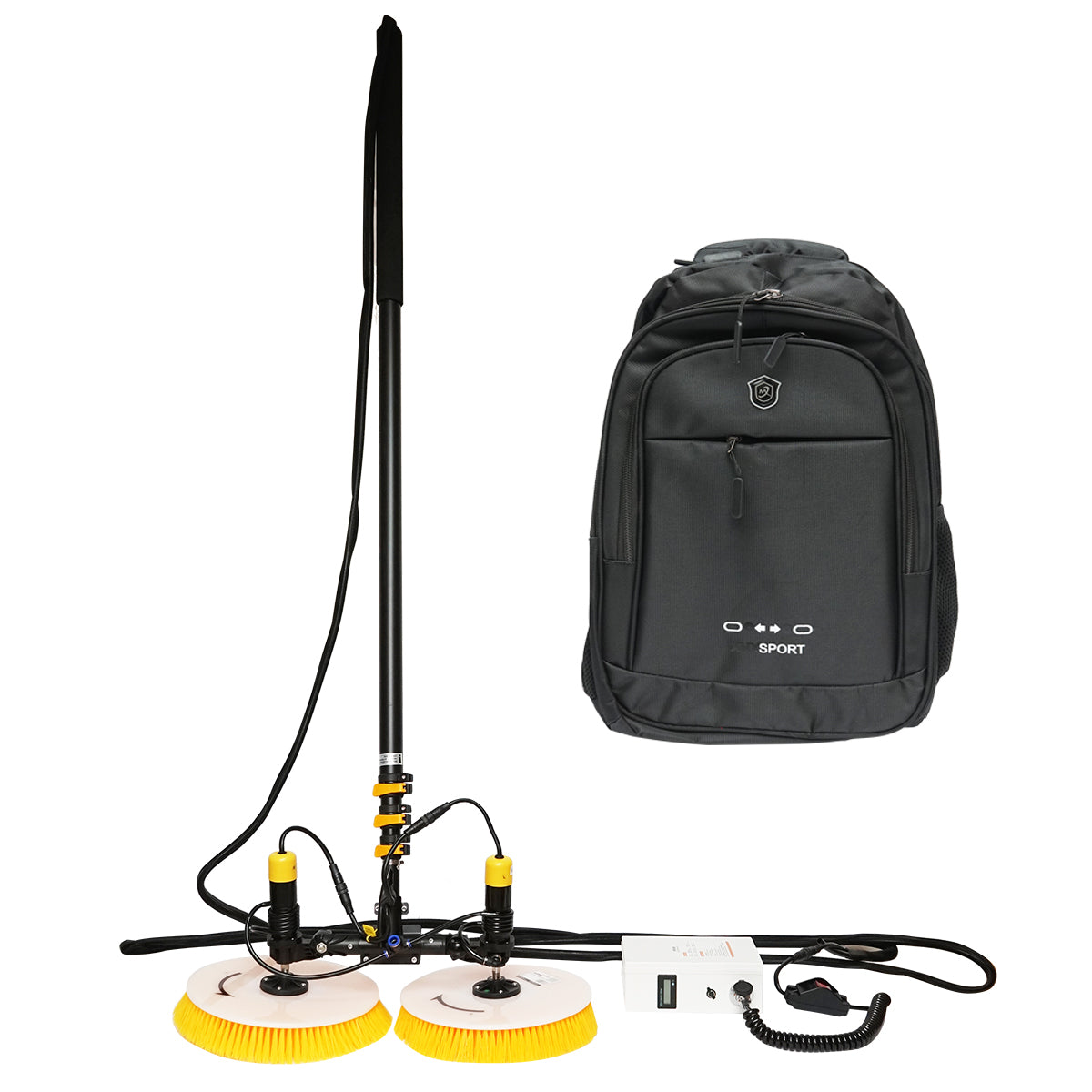 Solar panel cleaning system with 2 brushes and a handle up to 5.5 m