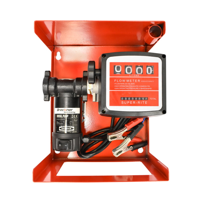 24V diesel transfer pump, flow rate 55L/min with counter, 1.5m suction hose, 4m pressure hose and nozzle.