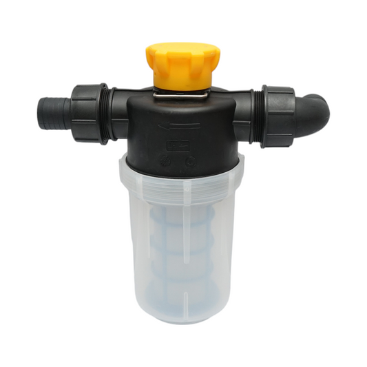 Transparent herbicide filter with mesh and self-cleaning valve, 38mm connection