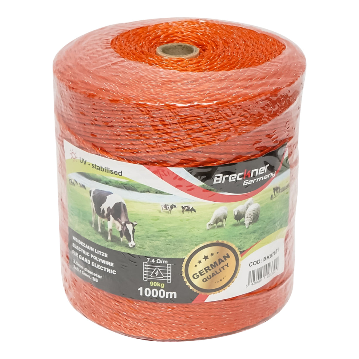 Roll of orange wire 2.5mm. 3x0.15mm. SS, resistance 7.4 Ohm/m, 1000m electric fence Breckner Germany