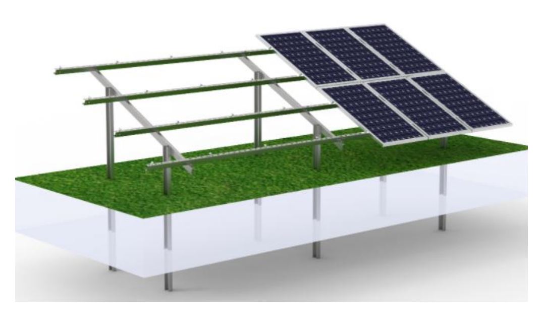 Complete mounting system, ground structure with posts for 20-24 photovoltaic solar panels of 2384x1096x35mm, 2384x1303x35mm, angle 30 degrees.