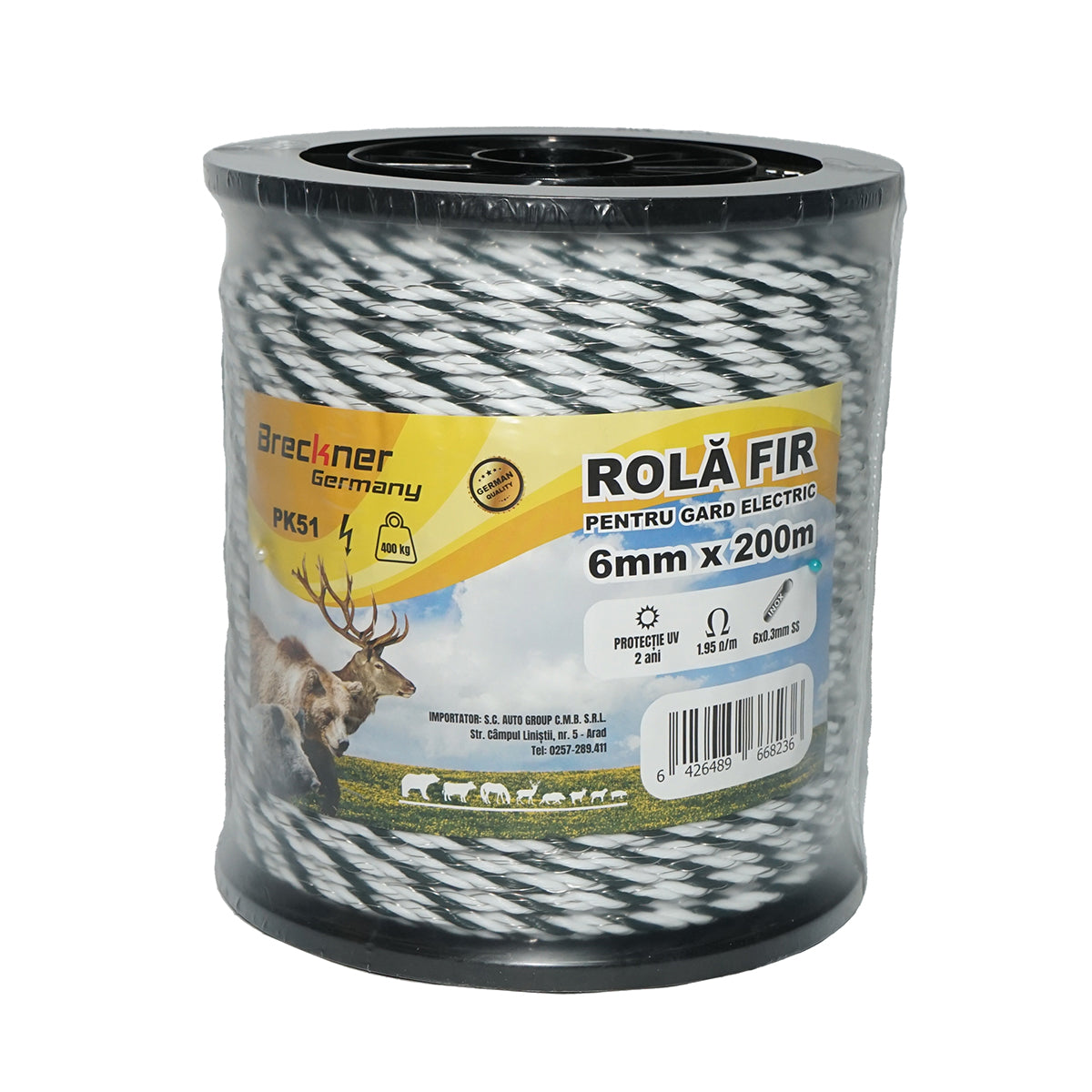 Roll of black and white wire 6mm, 6x0.3mm stainless steel, 1.95 Ohm/m 200m electric fence Breckner Germany