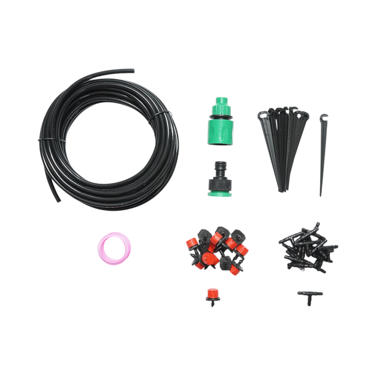 Complete drip irrigation kit with 10m hose, nozzles, connectors, fixing stakes - 49 pieces