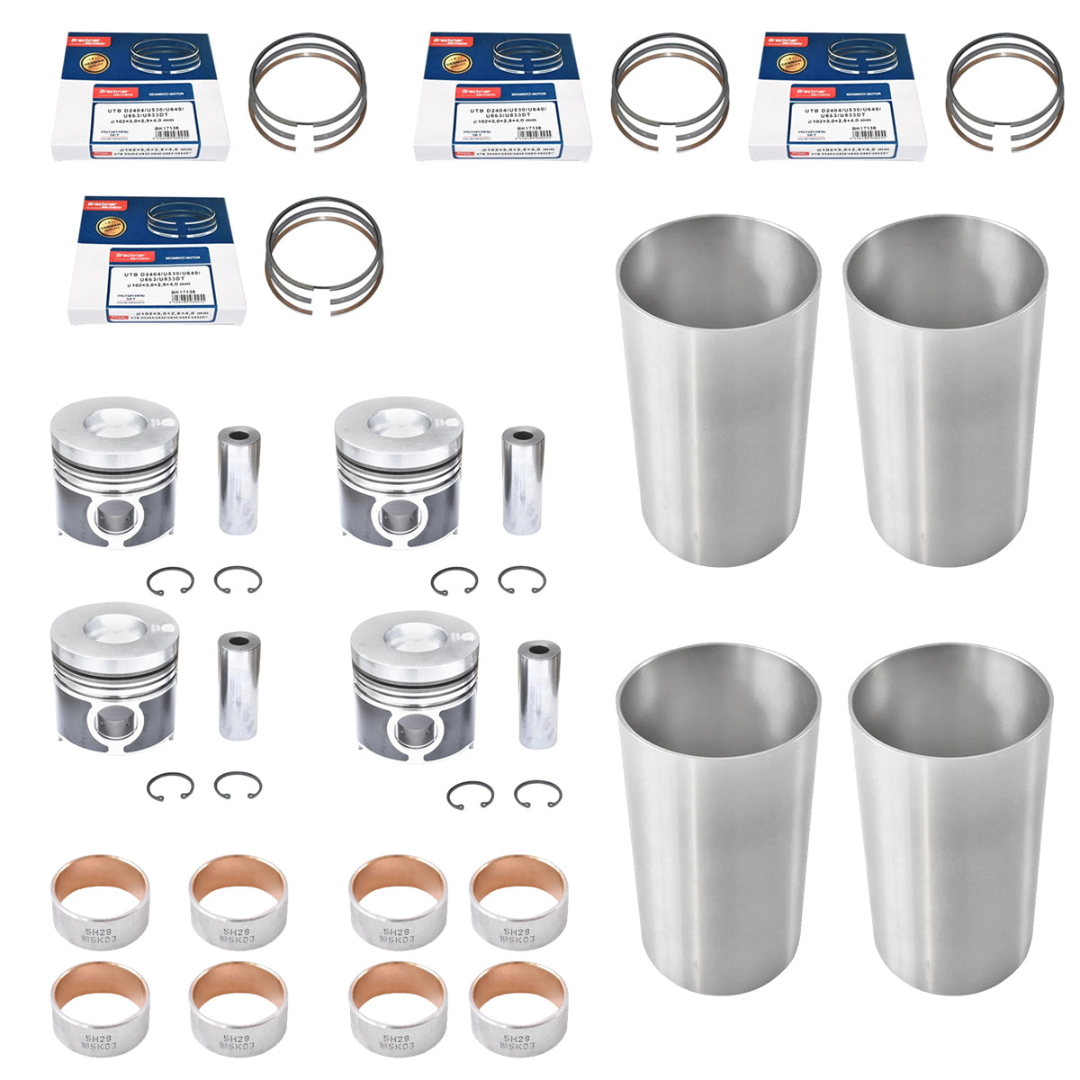 Complete engine set with 4 pistons, bore 102mm for UTB U-683, Fiat, New Holland, Case IH, Massey Ferguson