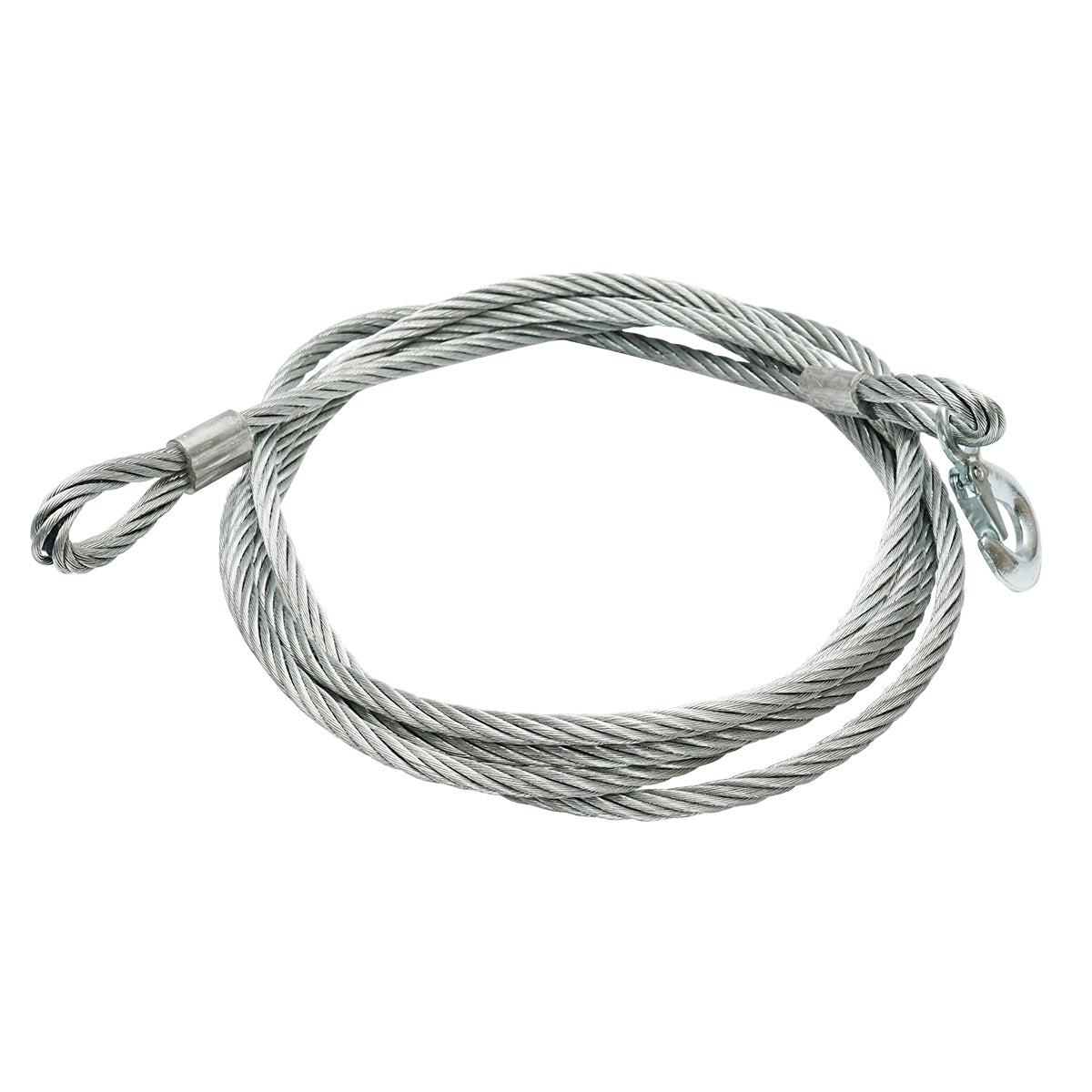 Steel winch cable with a thickness of 12mm and a length of 4m, hook and ring for towing or lifting.