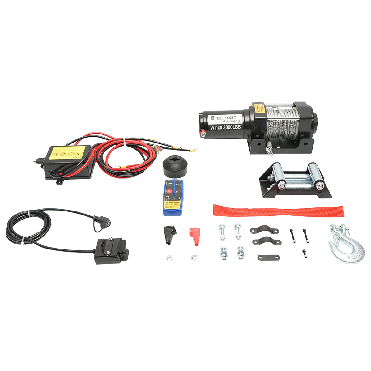 12V electric winch with remote control, 1.6T (3000lbs) steel cable 5x11m, 100A solenoid Breckner Germany
