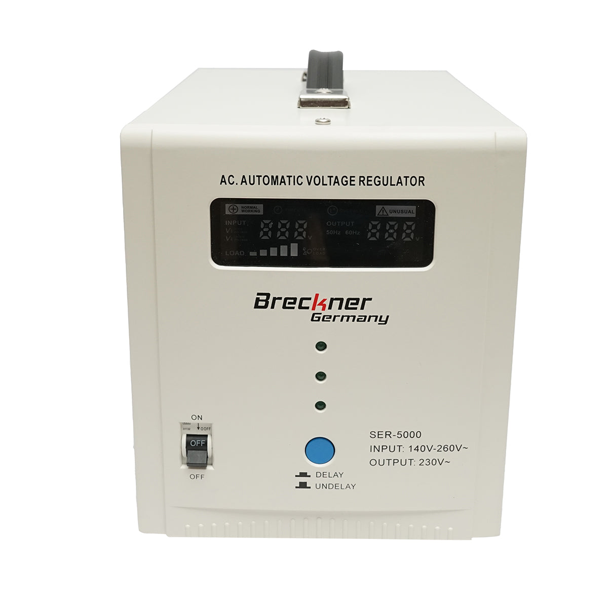 Automatic single-phase voltage stabilizer with relay 5000VA/140-260V, 2 Schuko sockets 230V, LCD display Breckner Germany
